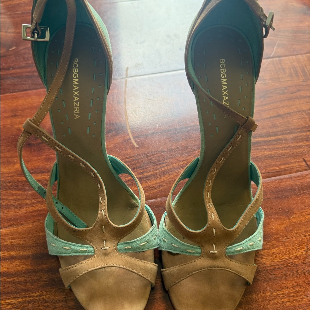 BCBGMaxAzria Tan and Green Strappy Heels